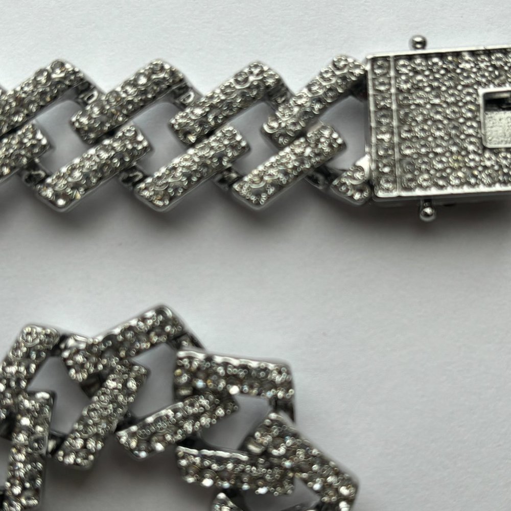 Fifth Avenue Cuban Link Chain White Gold Round Cut Rhinestone Necklace 22 Inch